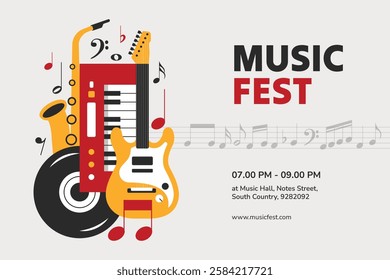 Music festival banner with musical instrument guitar, keyboard, CD, saxophone. Music festival templates for poster and flyer