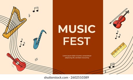 Music festival banner with musical instruments. For poster, card, banner, discount, special offer, cover, menu, advertising. Vector illustration EPS10 
