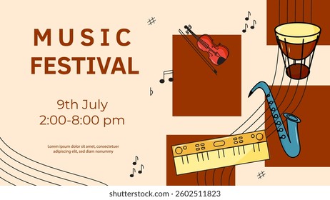 Music festival banner with musical instruments. For poster, card, banner, discount, special offer, cover, menu, advertising. Vector illustration EPS10 
