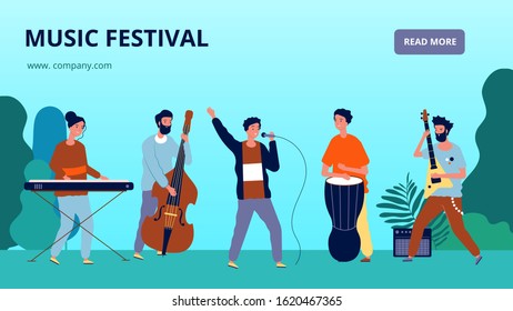 Music festival banner. Musicians and instruments, orchestra. Sound fest vector landing page