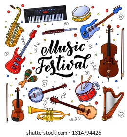 Music festival banner or poster design elements. Vector doodle style illustration. Hand drawn calligraphy lettering, jazz and rock music instruments, isolated on white background.