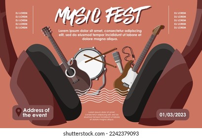 Music festival banner. Poster for live music fest or jazz club. Flyer in creative style with classic sound from big headphones. Template design. Drawing for background and card. Vector illustration