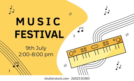 Music festival banner with synthesizer. For poster, card, banner, discount, special offer, cover, menu, advertising. Vector illustration EPS10 

