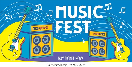 Music festival banner template. Event poster for social media, advertisement, billboard, ads. Music fest flyer promotion design. Rock, jazz, pop, dj. Event banner for digital and print