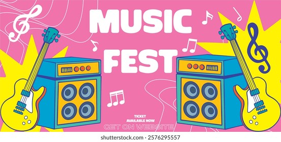 Music festival banner template. Event poster for social media, advertisement, billboard, ads. Music fest flyer promotion design. Rock, jazz, pop, dj. Event banner for digital and print