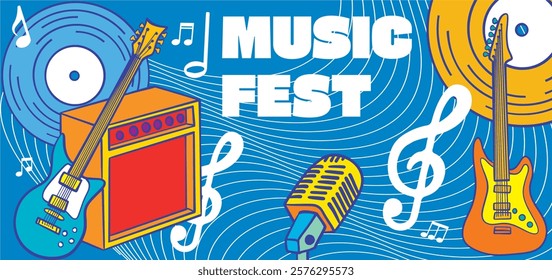 Music festival banner template. Event poster for social media, advertisement, billboard, ads. Music fest flyer promotion design. Rock, jazz, pop, dj. Event banner for digital and print