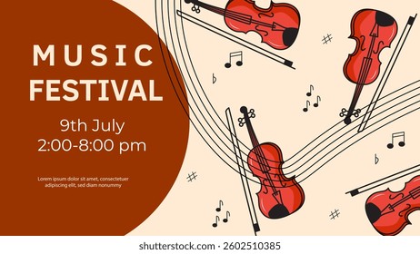 Music festival banner with violin. For poster, card, banner, discount, special offer, cover, menu, advertising. Vector illustration EPS10 
