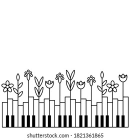 Music festival border, vector concept. Layout with piano keys and plants. Nature and music. Space for text. Black and white horizontal illustration