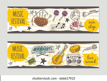 Music festival brochure flyer design. Retro background. Hand drawn vector illustration. Guitar, gramophone, bagpipe, microphone, maracas, cassette, piano and other.