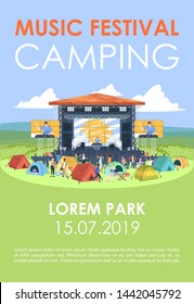 Music festival camping brochure template. Open air music fest flyer, booklet, leaflet concept with flat illustrations. Vector page layout for magazine. Advertising invitation with text space