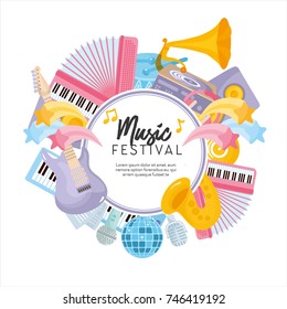 Music Festival card template. Illustration with musical instruments. Concert or festival poster. Design with accordion, guitar, harp, saxophone and other musical instruments. Place for your text.