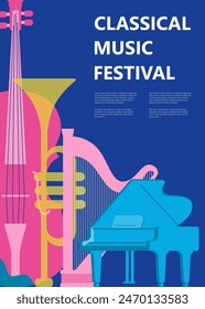 Festival de música o concierto de música clásica Plantilla de póster. Volantes de Vector para eventos musicales.