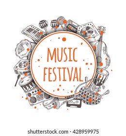 Music festival. Colorful background with music instruments. Round circle composition. Hand drawn vector illustration. Guitar, domra, gramophone, bagpipe, microphone, maracas, cassette, piano and other