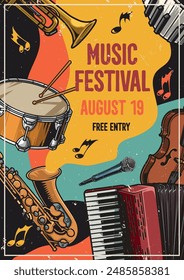 Music festival colorful vintage flyer with drum and accordion near violin and saxophone for jazz musicians vector illustration