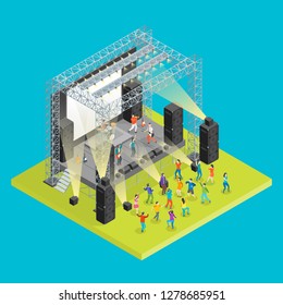 Music Festival Concept 3d Isometric View Concert Party Elements Landscape Background and Stage. Vector illustration of Musical Event