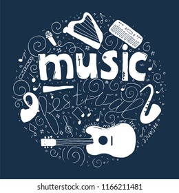 Music festival concept in circle in hand drawn doodle style. Vector musical objects set. Template for banners, posters etc.