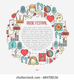 Music festival concept in circle with thin line icons DJ in headphones, vinyl player, disco ball, microphone, tickets. Vector illustration for banner, web page, flyer.