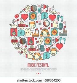 Music festival concept in circle with thin line icons DJ in headphones, vinyl player, disco ball, microphone, tickets. Vector illustration for banner, web page, flyer.