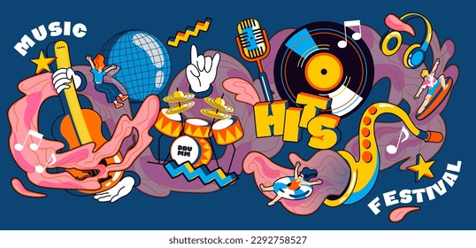 Music festival concept. Drums, guitar and microphone, vinyl record, headphones. Abstract poster or banner with musical instruments. Holiday and event. Cartoon flat vector illustration