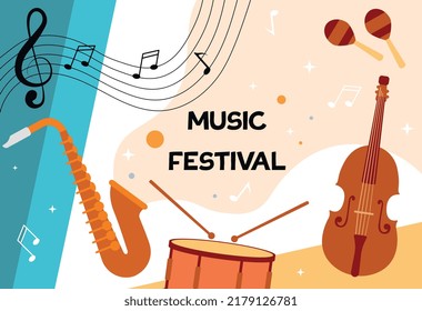 Music festival concept. Greeting or invitation card for event, poster or banner for website. Guitar, saxophone and drum next to maracas. Songs, creativity and art. Cartoon flat vector illustration