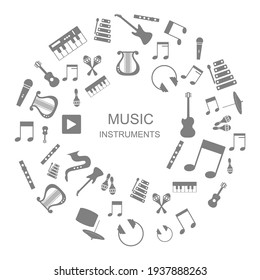 Music festival concept with music instruments. Round circle composition. Hand drawn vector illustration. Isolated on white. Guitar, xylophone, flute, bagpipe, microphone, maracas, headset, piano. 