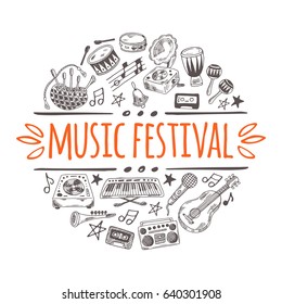 Music festival concept with music instruments. Round circle composition. Hand drawn vector illustration. Guitar, domra, gramophone, bagpipe, microphone, maracas, cassette, piano.