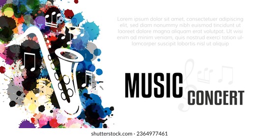 Music festival concept. Live music concert. Horizontal vector poster with saxophone and paint splash design elements