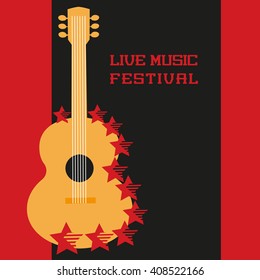 Music Festival Concept. Live music poster background. Live Music festival. Acoustic guitar silhouette symbol. Music Festival, show, concert, live band promotion,  advertisement. Vector illustration.