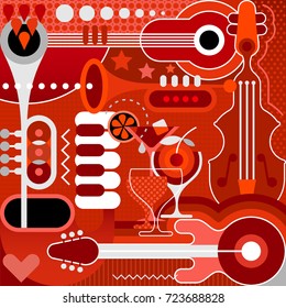 Music Festival, Concert and Cocktail Party vector illustration. Art collage with different musical instruments, cocktails and abstract shapes.