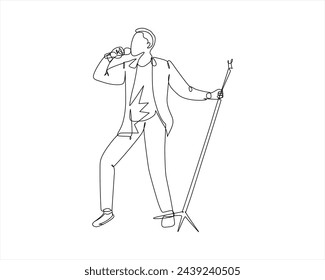 Music festival concert one line drawing illustration vector Man male boy play guitar oneline continuous single line art One single line drawing of young happy male rock singer holding microphone