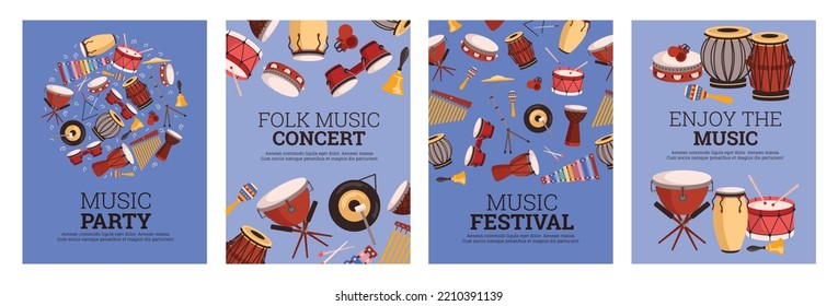 Music Festival, Concert And Party Posters Set, Flat Vector Illustration. Classical Percussion Instruments On Folk Music Concert Invitation Banners. Xylophone, Drum, Tambourine And Gong.