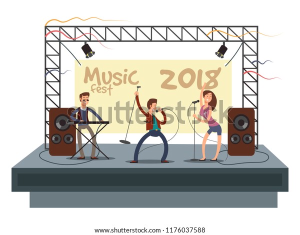 Music festival concert with pop music band\
playing music. Musician and singer duet on stage vector\
illustration. Musician stage with sound and\
singer