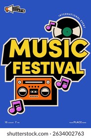 Music festival concert poster design template background. Retro vinyl record and boombox with music note. Design element for print, brochure, leaflet, advertisement, vector illustration