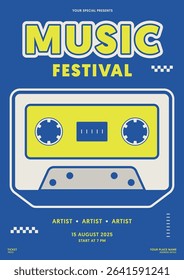 Music festival concert poster design template. Modern vintage retro cassette tape minimal style isolated on blue background. Design element for print, brochure, leaflet, vector illustration