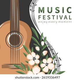 Festival ou concerto de música. Cartaz com guitarra, partitura e flores. Ilustração vetorial para eventos musicais, invitationcover, publicidade. 

