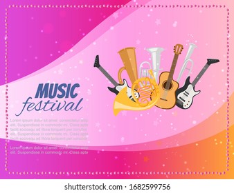 Music festival concert poster with musical instruments guitar, violin, cello and saxophone, trumpet vector illustration. Jazz, classic or rock music festival.