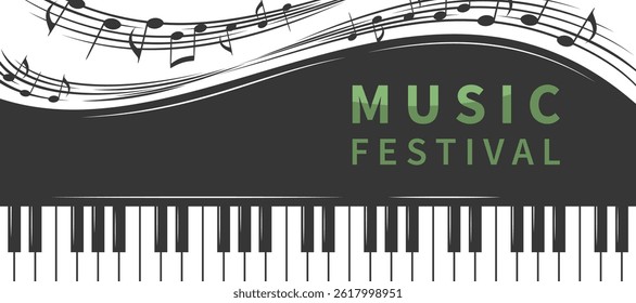 Music festival or concert poster. Piano with notes. Vector horizontal banner for music events.