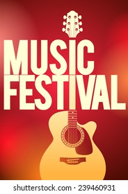 Music festival concert poster template. Acoustic guitar shape on the red background vector illustration.