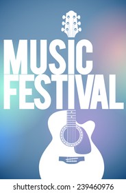 Music festival concert poster template. Acoustic guitar shape on the blue background vector illustration.