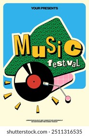 Music festival concert poster template design. Modern vintage retro vinyl record decorated with geometric shape. Design element for print, brochure, leaflet, vector illustration
