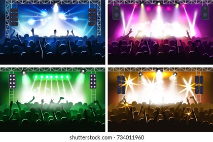 Music festival or concert streaming stage scene with lights fanzone vector illustration party human hands silhouette