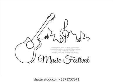 Music Festival. Continuous one line drawing of Classical acoustic guitar and notes.  One line art. Line illustration. Minimalist print. Black and white. 