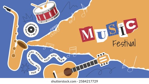 Music festival design paper torn cut templates for poster, flyer, banner. Musical instrument guitar, saxophone, snare, and musical notes.