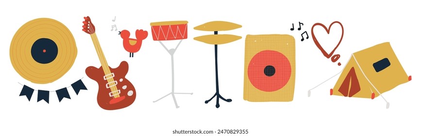 Festival de música. Ilustración de diferentes tipos de instrumentos musicales. conjunto de instrumentos musicales en arte de Clip estilo doodle.