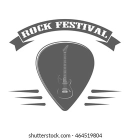 Music festival emblem. Monochrome logo with plectrum and guitar on white background. Badge for rock concert advertising, banners and posters. Vector illustration.