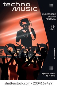 Music festival event flyer poster. Silhouette DJ and people dancing with raised hands. Graphic design abstract editable cover banner template disco or night club. Party entertainment