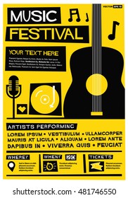 Music Festival! (Flat Style Vector Illustration Quote Poster Design) Event Invitation With Venue, Artist, Ticket And Time Details