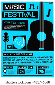 Music Festival! (Flat Style Vector Illustration Quote Poster Design) Event Invitation With Venue, Artist, Ticket And Time Details