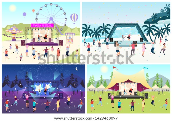 音楽祭のフラットベクターイラストセット 野外ライブ ロック パーク キャンプでのポップミュージシャンのコンサート 夏は屋外で楽しむ人々 ビーチパーティー 踊る漫画のキャラクター のベクター画像素材 ロイヤリティフリー