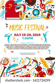 Music festival flat vector poster template. Jazz day, blues concert web banner with text space. Trumpet and sax players silhouettes illustration. Rock and roll band performance advertising brochure